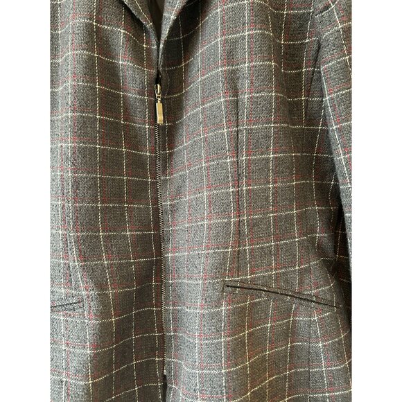 Women's Gray Zip Up Blazer With Red and White Windowpane Detail - Picture 6 of 8